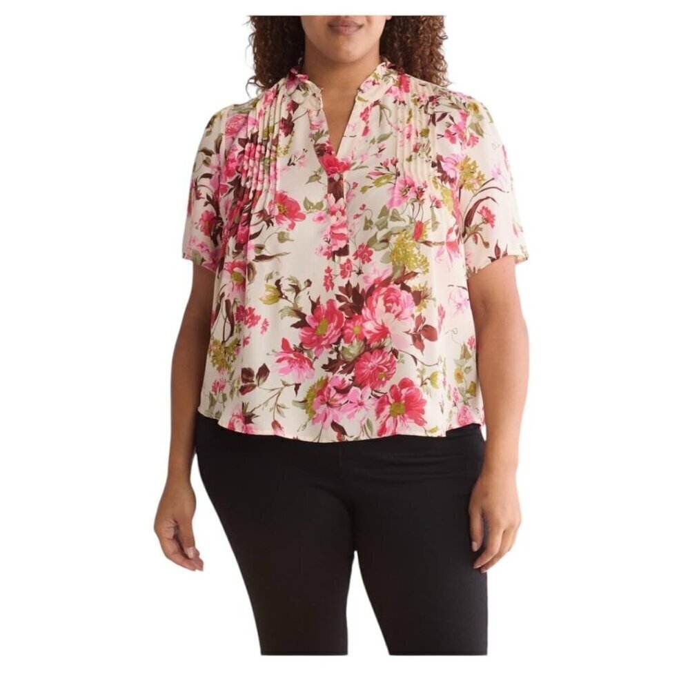 Tahari Womens Ivory Pink Floral Elbow Sleeve PinTuck Blouse Plus Sz 2X New